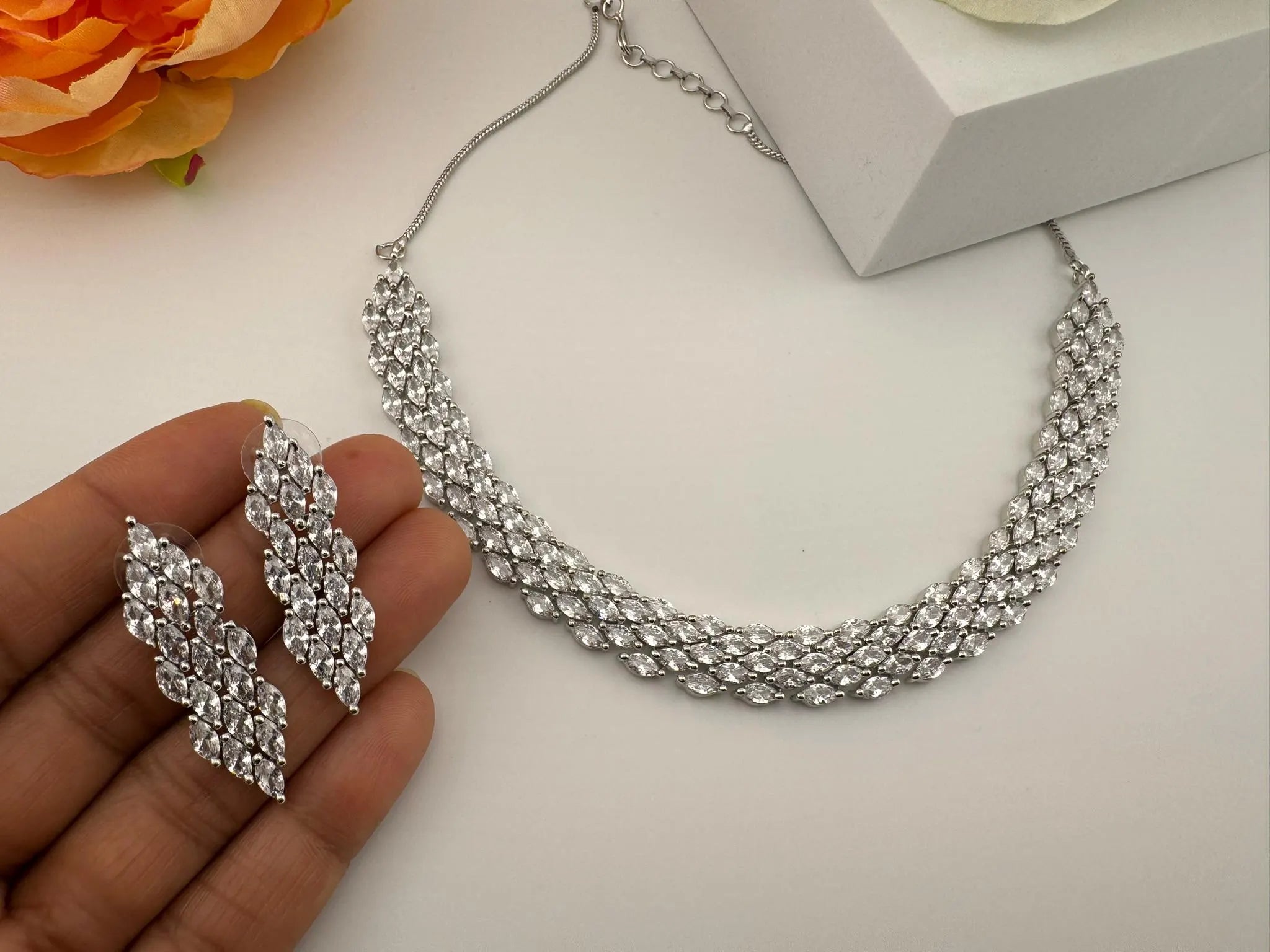 Premium American Diamond, Cubic Zirconia Unique Necklace set with light earring