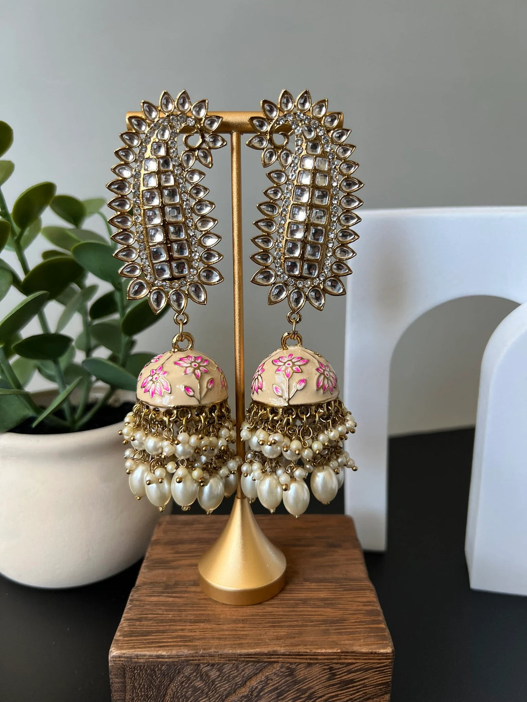 Ivory and Gold Long Jhumka with Minakari work, kundan and pearls details