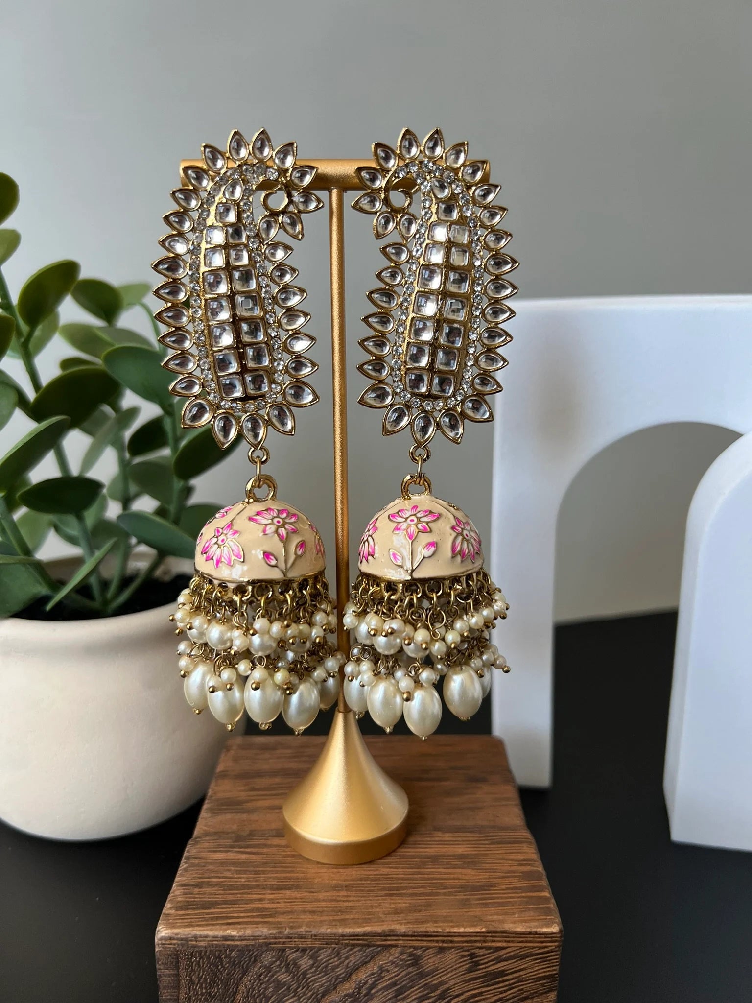 Ivory and Gold Long Jhumka with Minakari work, kundan and pearls details
