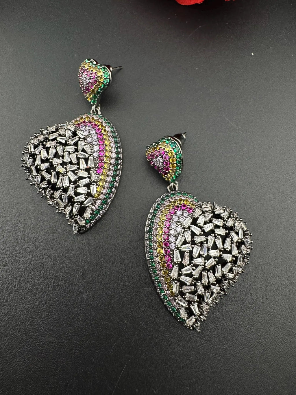 Premium Multicolor Nano Setting Cubic Zirconia and Crystal stones Victorian designer Heart earrings