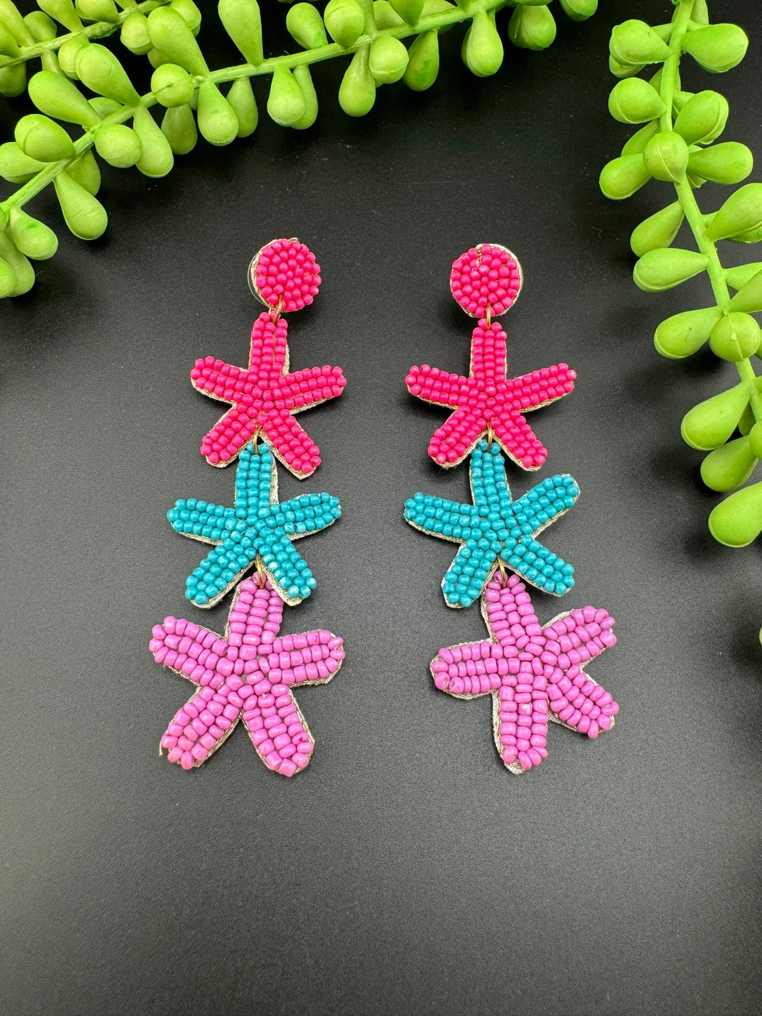 Beaded Multicolor long three star quirky earrings / Handmade earrings