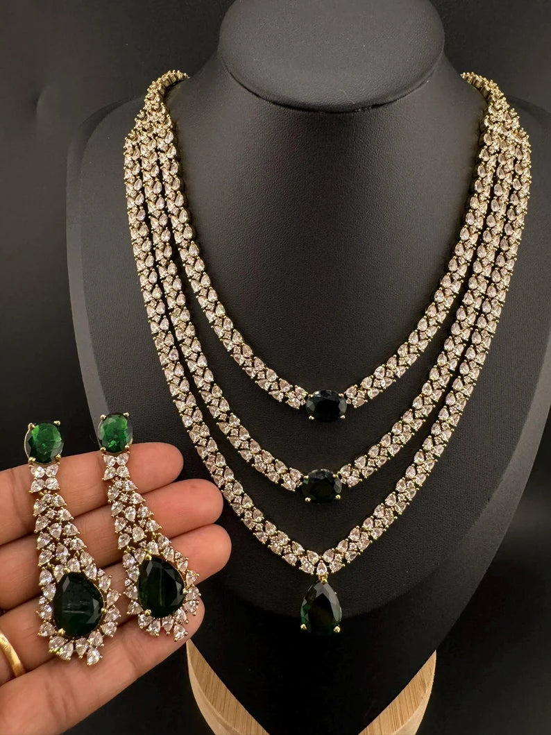 Victorian 3 layer Green Necklace set with long earrings