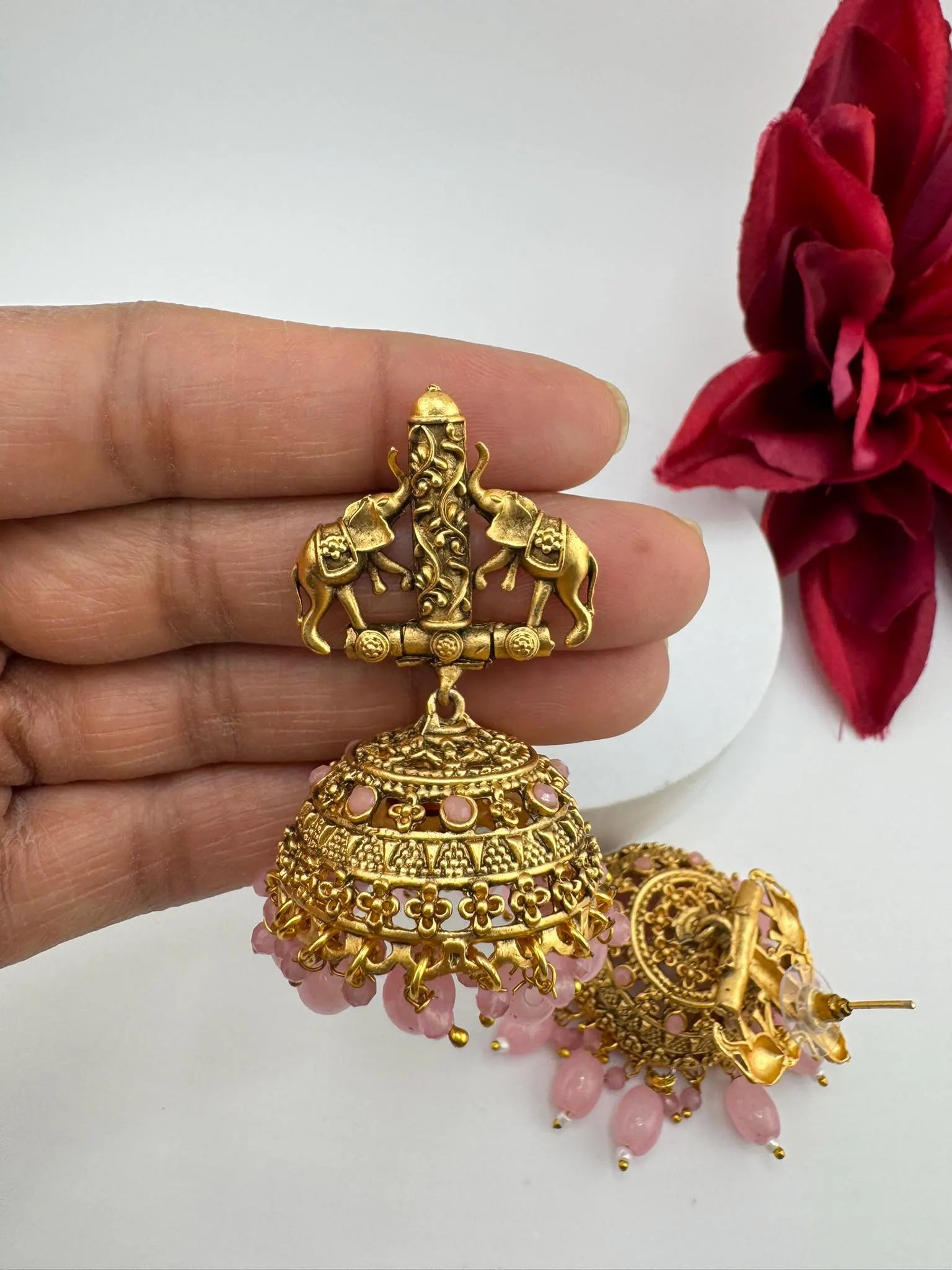 Amrapali inspired Premium Pink stones and pearls jhumka, Matt Gold designer earrings