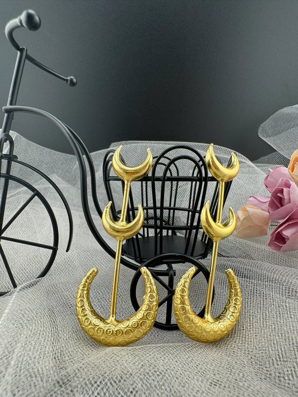 Crescent moon Premium Matt Gold statement long earrings