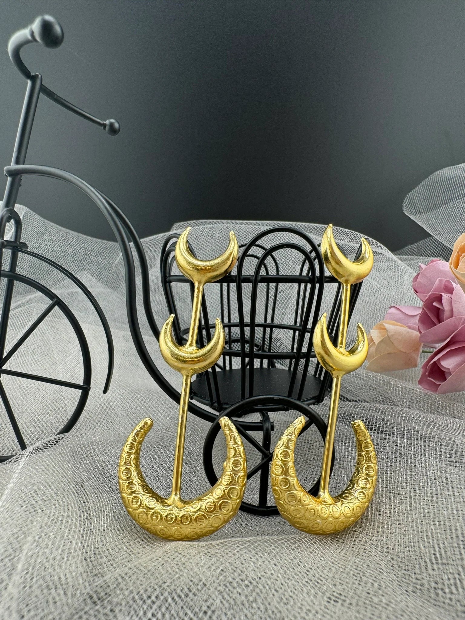 Crescent moon Premium Matt Gold statement long earrings