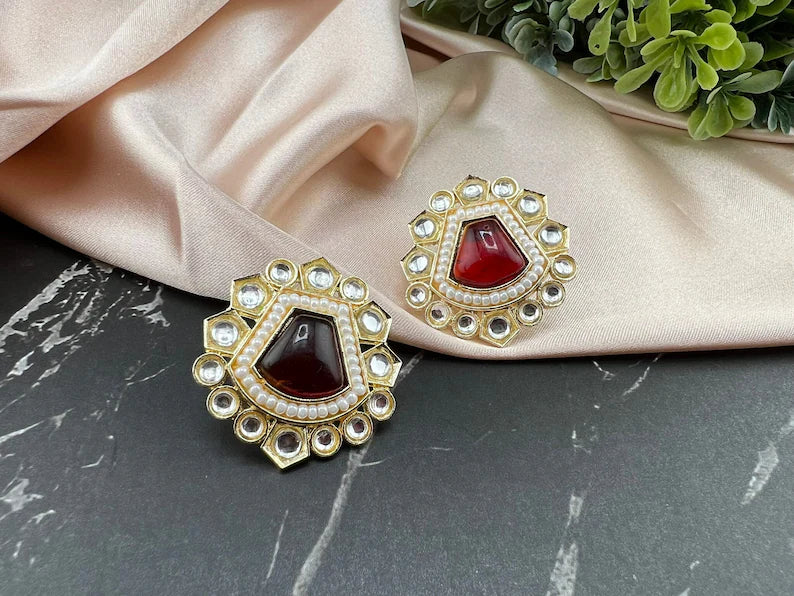 Gold Maroon, Red Stud Monalisa Stone, Pearl earring