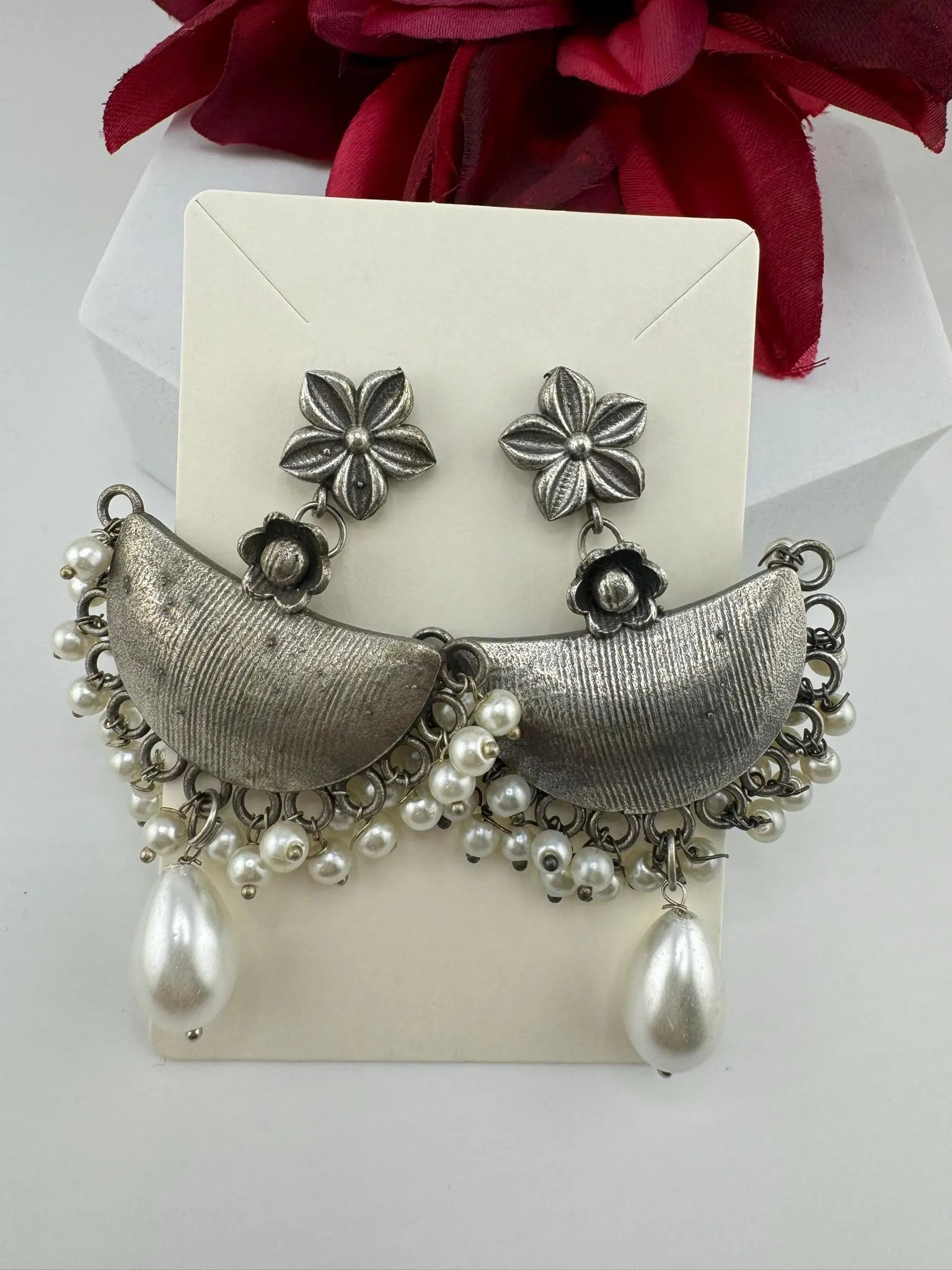 German silver oxidized Earrings with pearls and stones