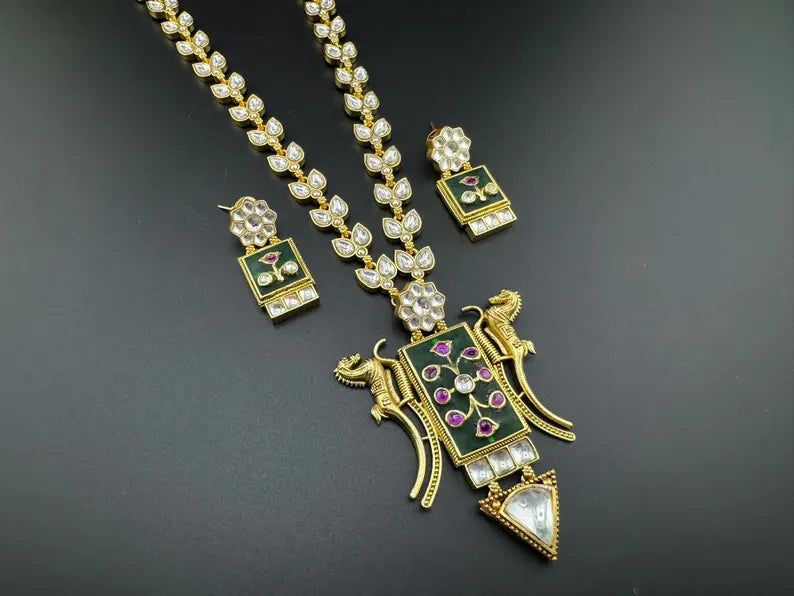 Green Amrapali Inspired, Premium Quality Inlay work on natural stone long Necklace