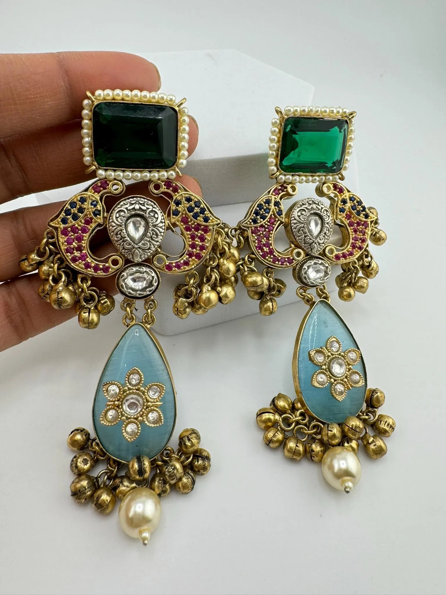 Amrapali Inspired Premium designer Chandbali Earring with Multicolor Pachi Kundan and Gungroo