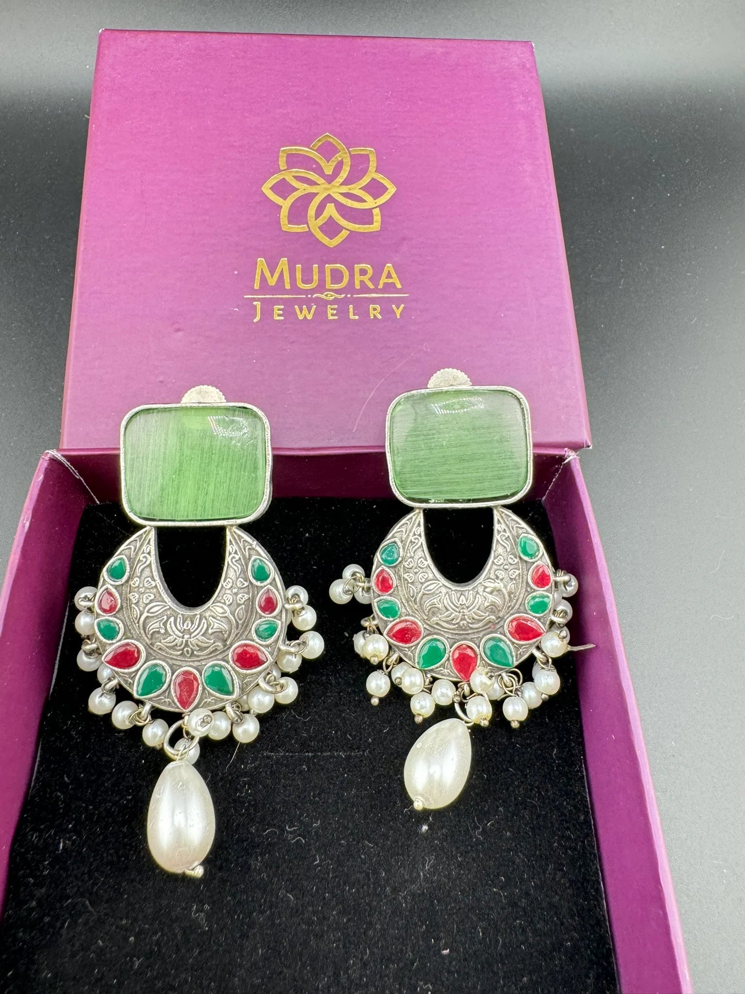 Mint/Light Green German Silver Oxidized chandbali with Monalisa Stone and pearls