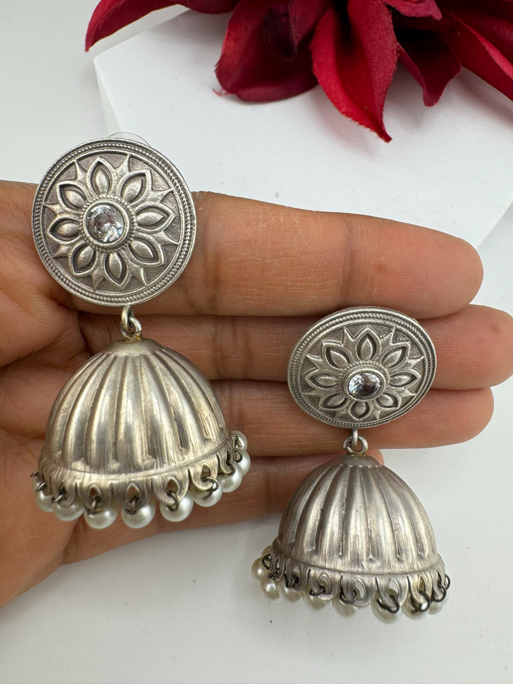 Silver Polish Premium Oxidized Jhumka earrings with CZ stone, pearls