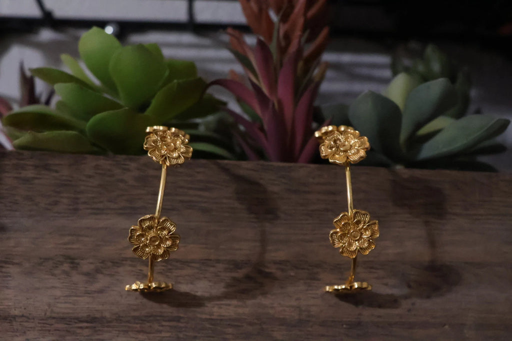 Matt Gold Statement Hoop earrings in unique Flowers design around hoop