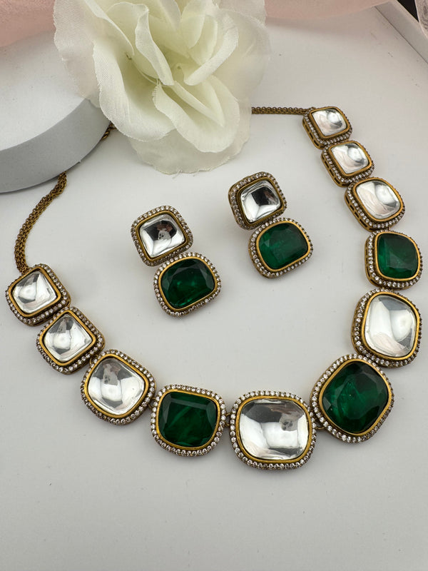 Kundan, Stones, CZ Gold Plated Green necklace set, Indian Bridal Jewelry set