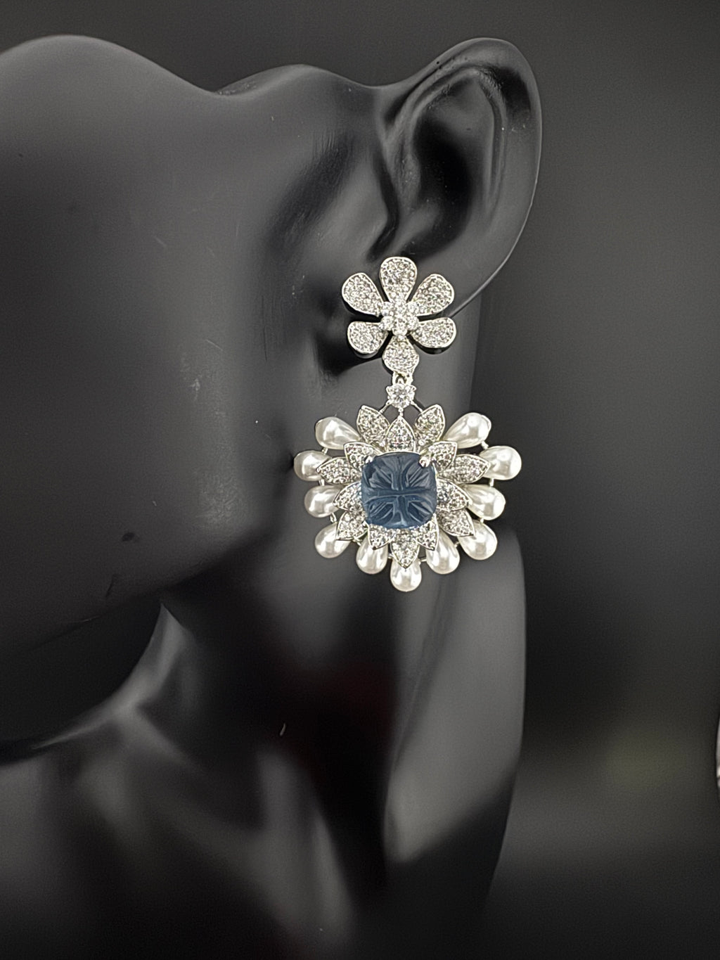 Premium Nano Setting Cubic Zirconia Carved Stone Pearls Drop earrings in unique 3D shape, stylish, Statement earring/Bridal Bridesmaid gift