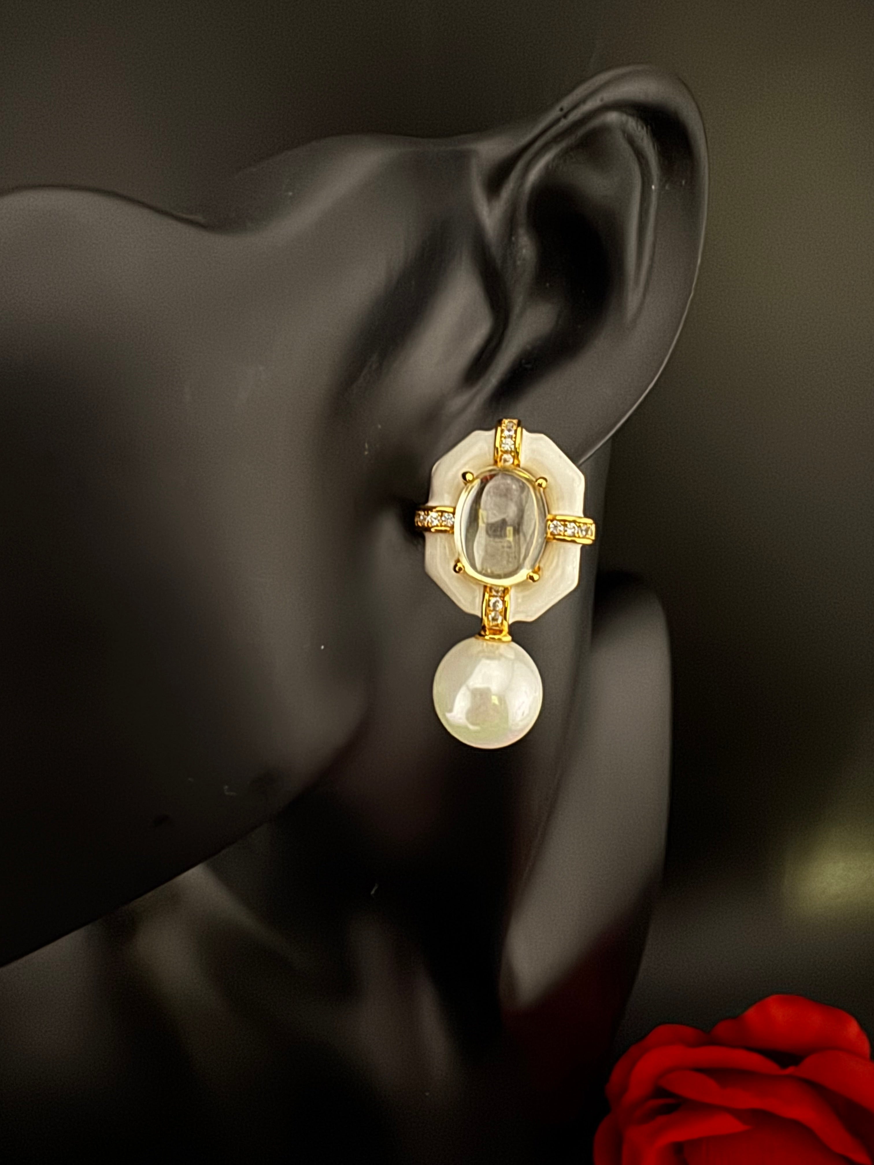 Designer inspired Enamel and Stone Pearls drop earrings, Statement jewelry, Indian Jewelry, Drop and Studs earrings, Bridesmaid Gift