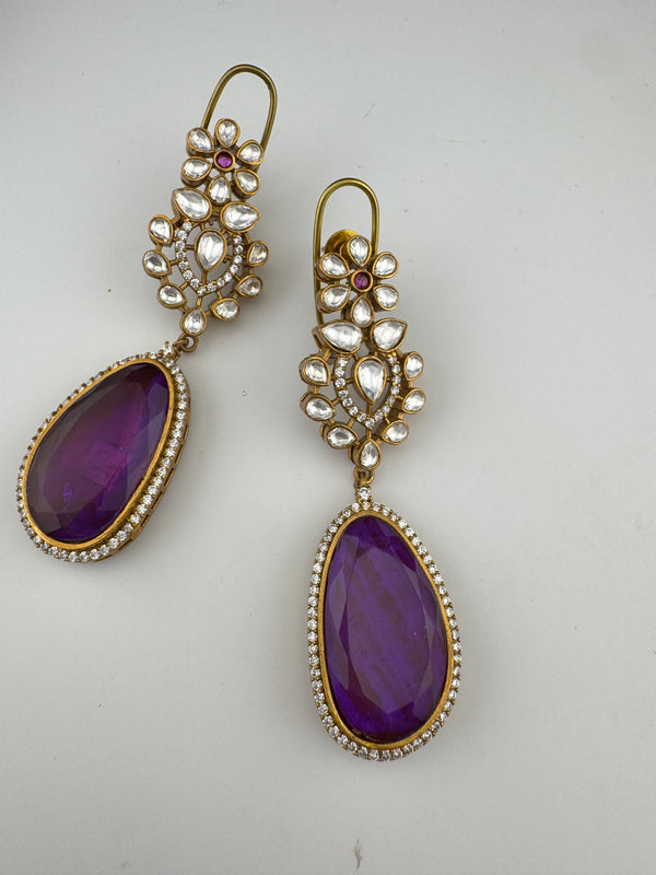 Kundan, CZ, Gold, Doublet Stone Chandelier Long Earrings, Bridal, Moissanite, CZ, Designer jewelry