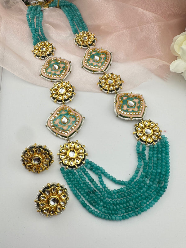 Kundan, Enamel, Minakari, Hydro Beads Long Gold Choker necklace set, Double sided Rani haar