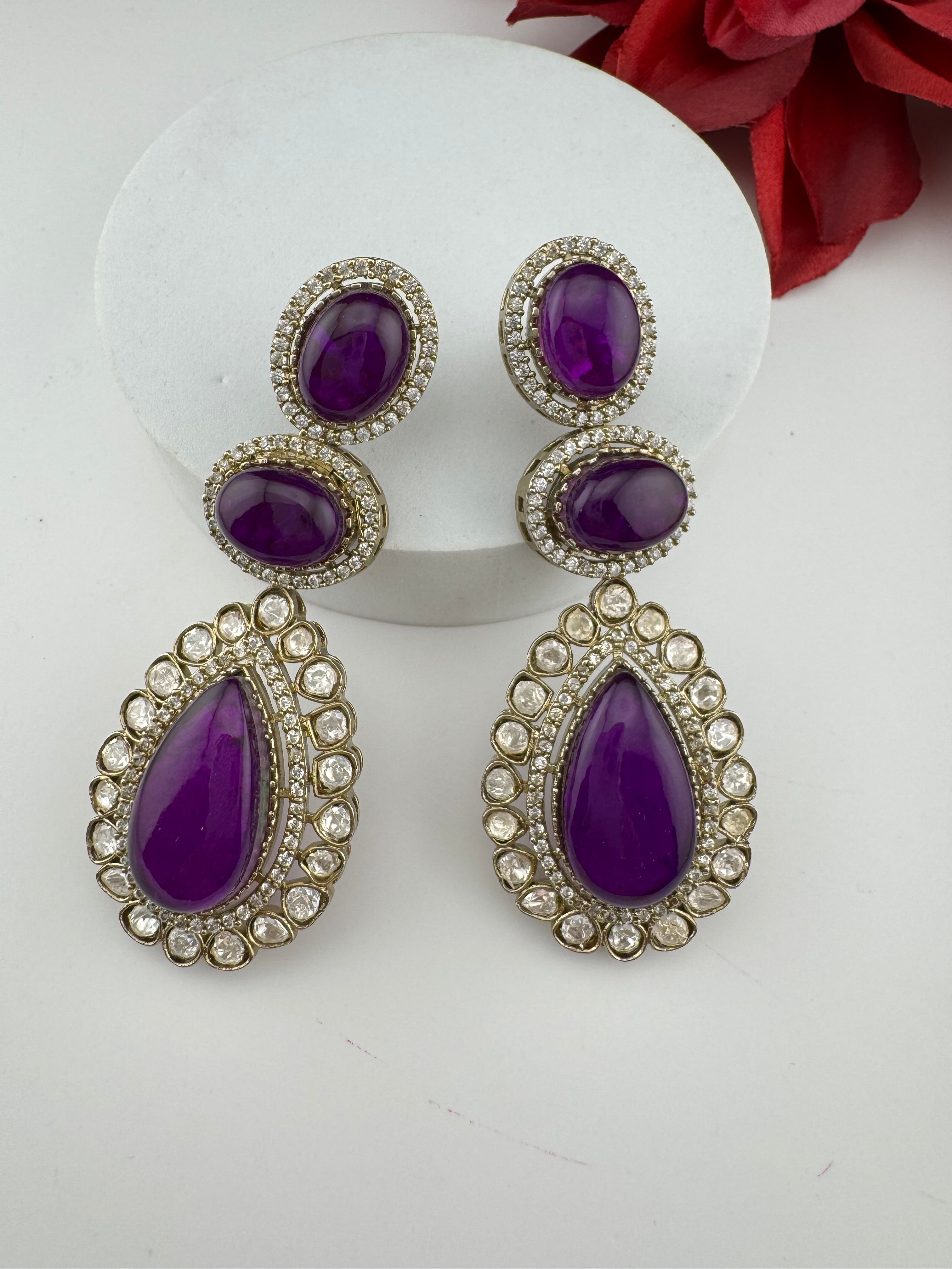 Purple and Gold Kundan, Doublet Stone Chandelier Long Earrings, Bridal, Moissanite, CZ, Designer jewelry