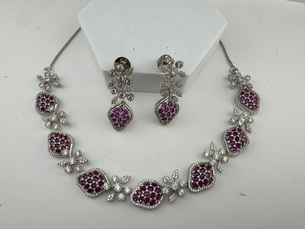 Nano Setting CZ Diamond Statement Ruby Necklace Set, White Gold Plated Choker, 3D nature inspired