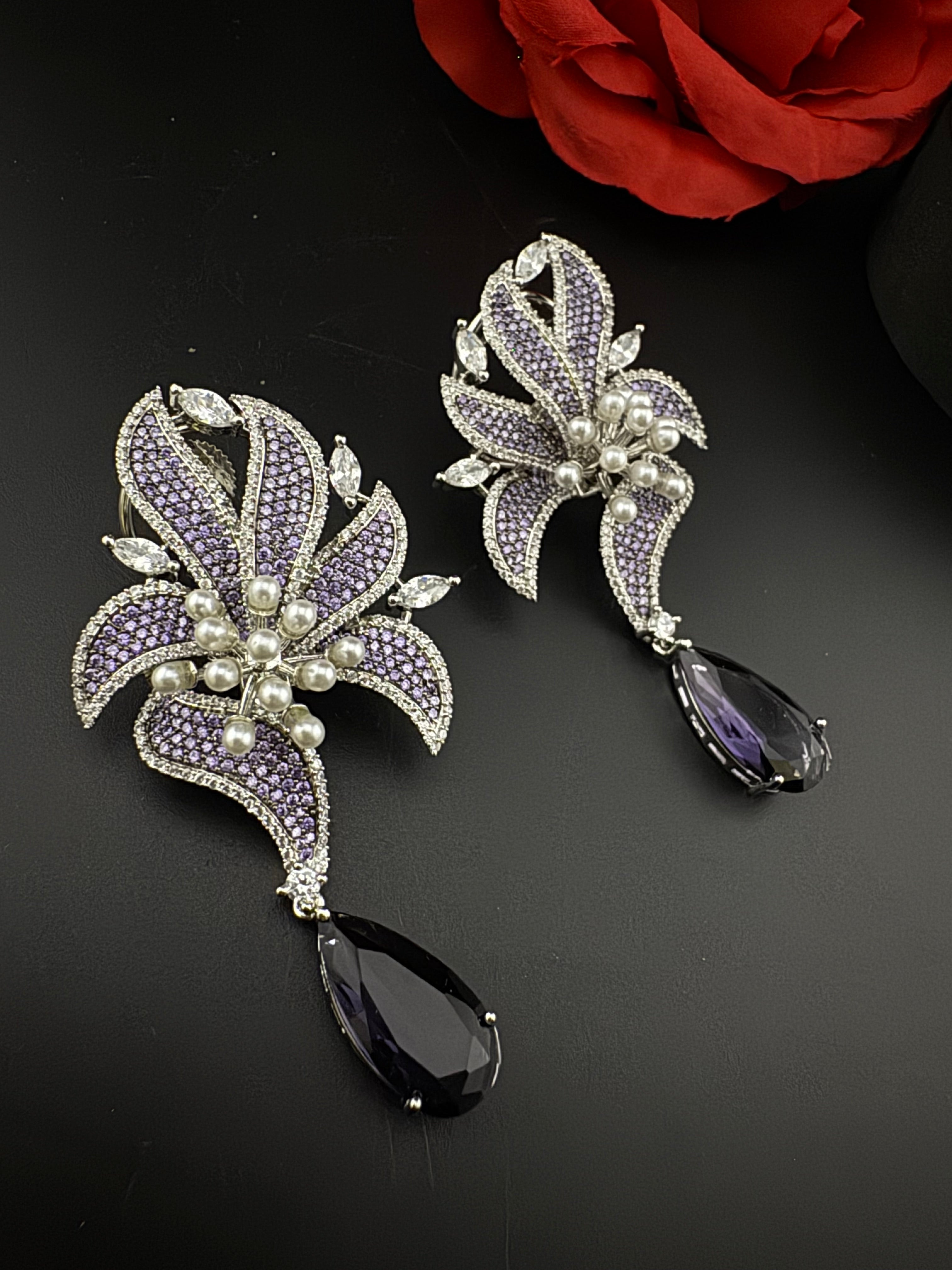 Premium Nano Setting Cubic Zirconia Pearl Oversized Studs earrings in leaf shape, stylish, designer Statement Big earring/Bridal Bridesmaid