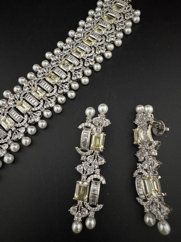 Step cut Crystals and CZ Diamond Statement Necklace Set, White Gold Plated Choker set