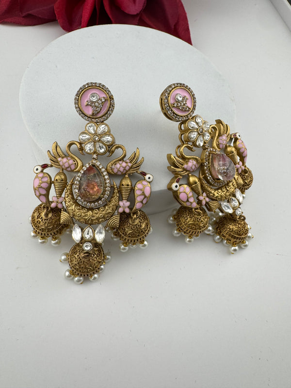 Amrapali inspired Matt Gold, Stone, Enamel, Pearl Oversized ChandBali Jhumka Earrings, designer jewelry