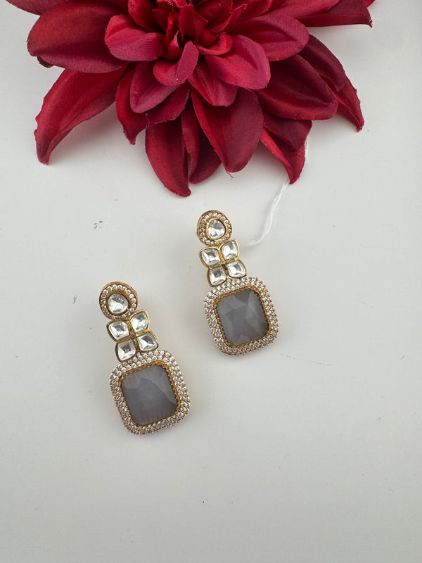 Gray and Gold Kundan, Stone Chandelier Drop Earrings, Bridal, Moissanite, CZ, Designer jewelry