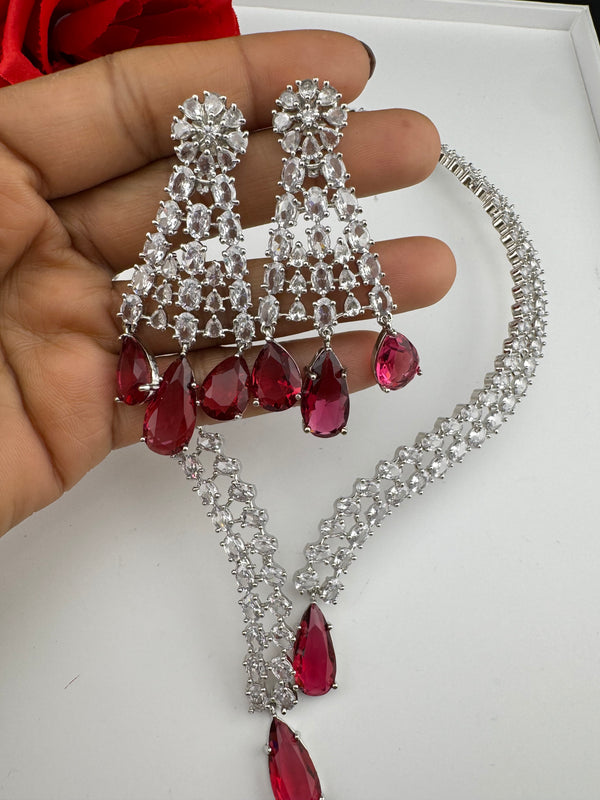 Crystals and CZ Diamond Statement front openable Hasli Necklace Set, Silver Plated Collar set