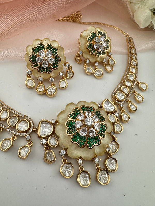 Kundan, Moissanite, MOP, CZ Flexible Gold necklace set, Indian Bridal Jewelry