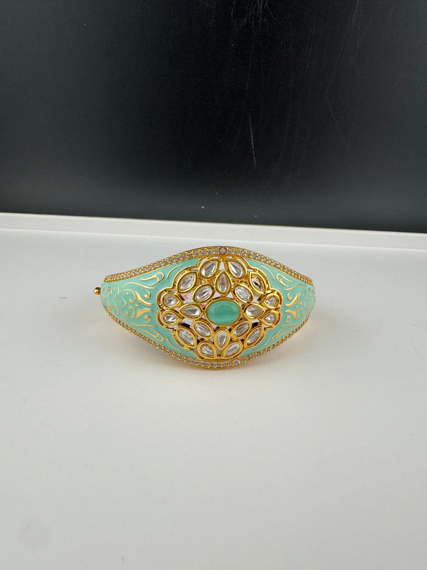 Moissanite Kundan, Enamel, CZ Openable Bracelet Bangle, Gold Polish (Fits 2.6" wrists)