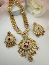 Rajwadi Kundan Enamel Pearl Gold Necklace Set, Indian Bridal Rani Haar