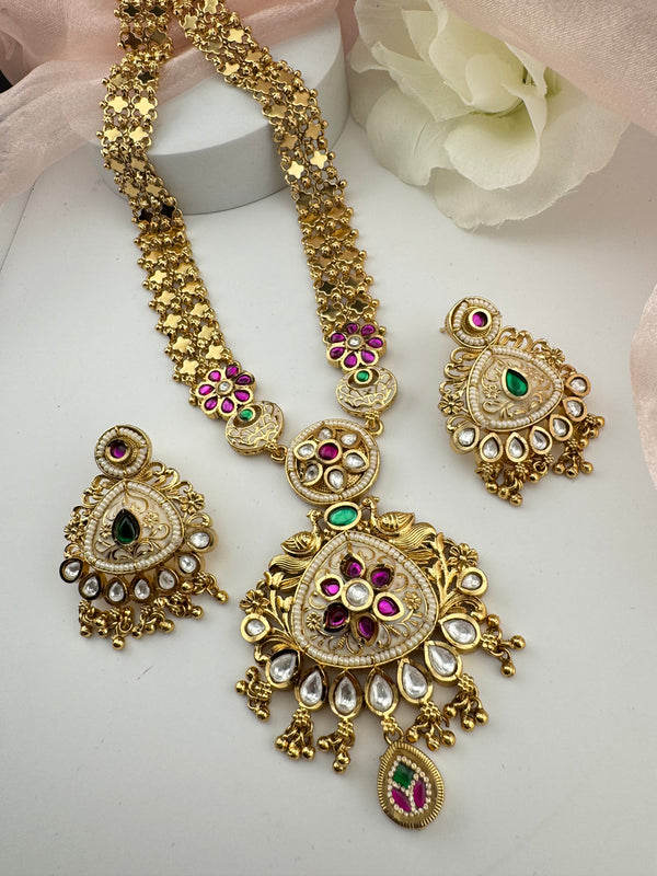 Rajwadi Kundan Enamel Pearl Gold Necklace Set, Indian Bridal Rani Haar