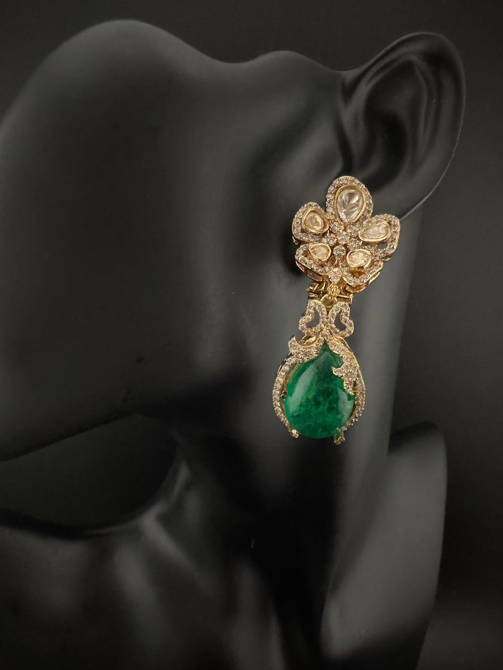 Green and Gold Kundan, Doublet Stone Chandelier Drop Earrings, Bridal, Moissanite, CZ, Designer jewelry