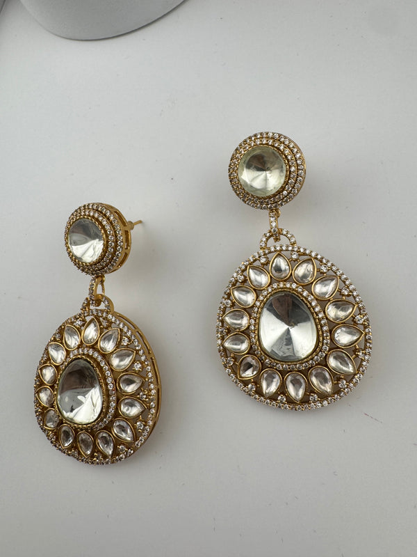 Golden Kundan, CZ, Chandbali Earrings, High shine, Bridal, Moissanite, Designer jewelry