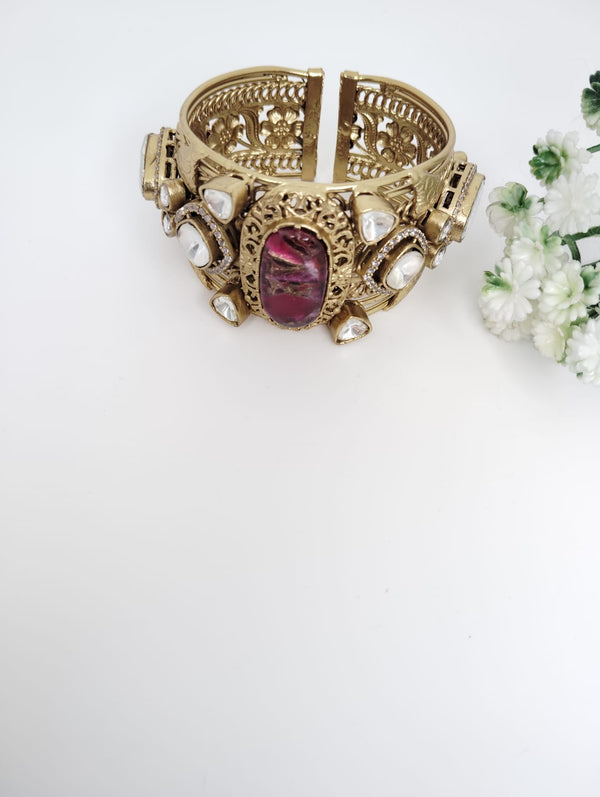 Amarapali inspired Moissanite Kundan, CZ, Stone Cuff Bracelet Bangle, Gold Polish (Fits 2.6" wrists)