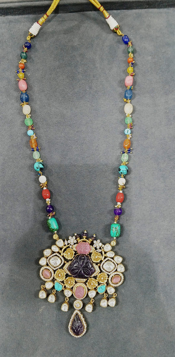 Multicolor Navratan, Kundan, Gold long necklace set, Rani Haar, Indian Bridal Jewelry