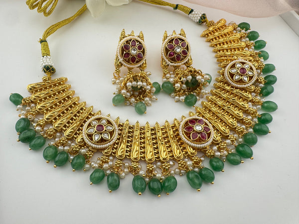 Rajwadi Gold necklace set with jhumka, in kundan and pearls, Indian Bridal Jewelry set