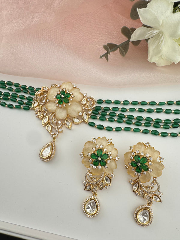 Kundan, Moissanite, MOP, CZ, Pearls Flexible Gold Choker necklace set, Indian Bridal Jewelry