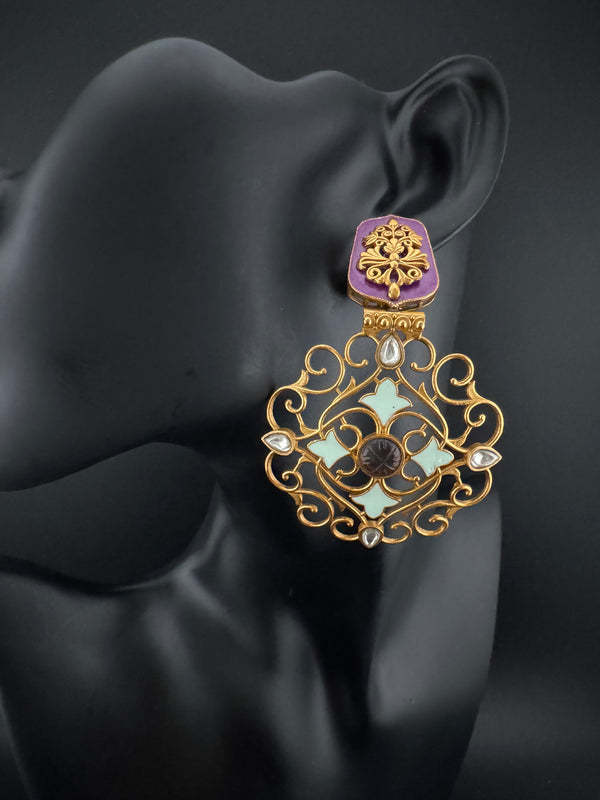 Antique Gold, Enamel, Stones Chandbali Dangle Earrings, Amrapali inspired Designer jewelry