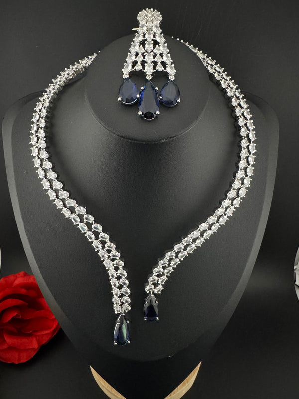 Crystals and CZ Diamond Statement front openable Hasli Necklace Set, Silver Plated Collar set