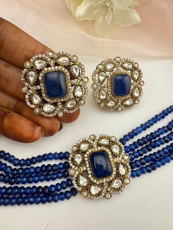 Moissanite Kundan, Hydro beads, CZ, Stones Choker necklace set, Indian Bridal Jewelry, chic set