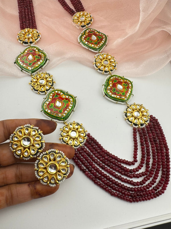 Kundan, Enamel, Minakari, Hydro Beads Long Gold Choker necklace set, Double sided Rani haar