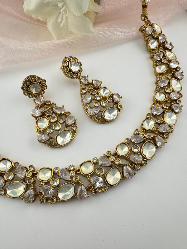 Stones, CZ, Kundan Gold necklace set, Indian Bridal Jewelry set
