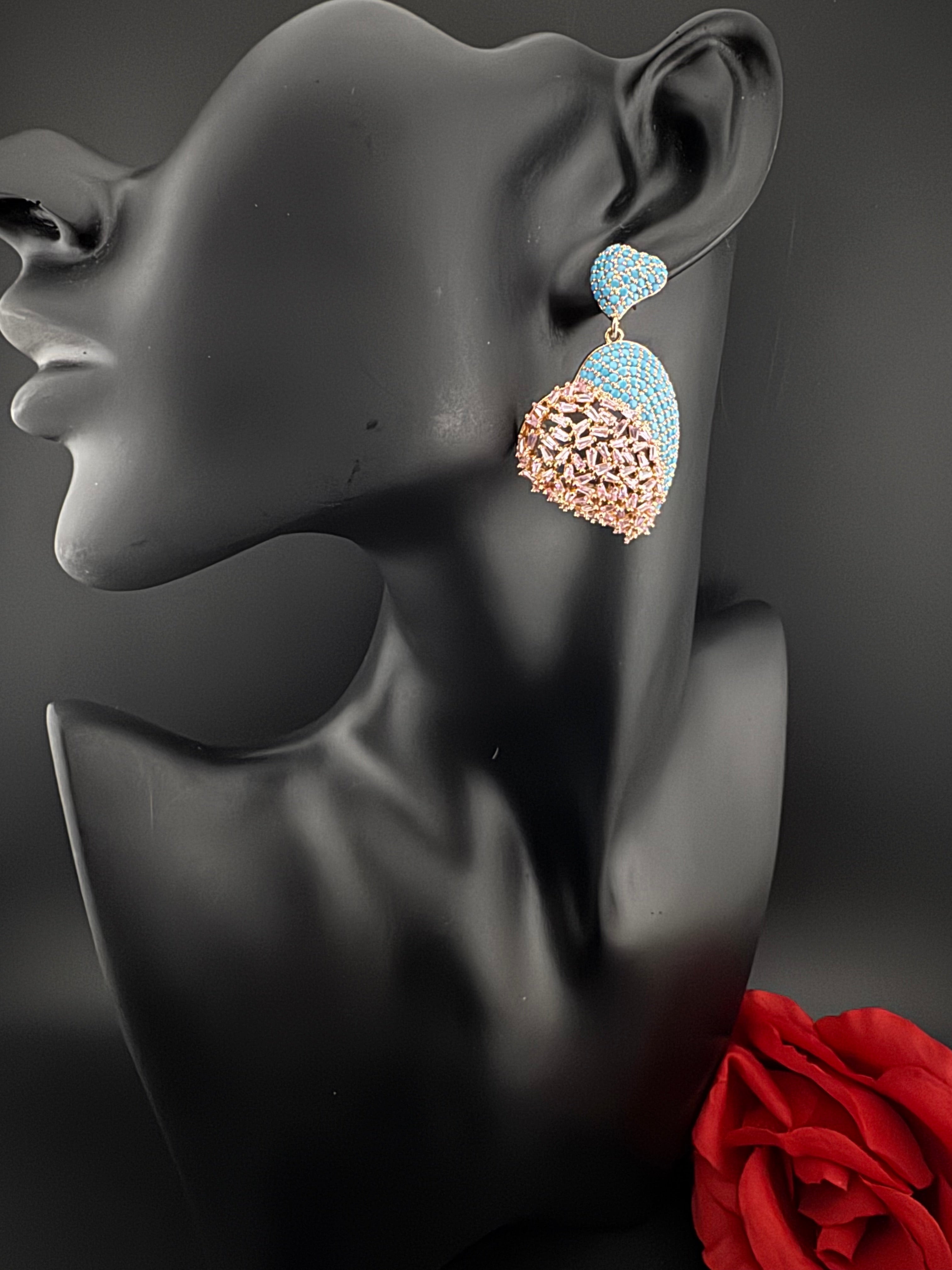 Premium Nano Setting Multicolor Cubic Zirconia, Crystal stones in Unique setting is designer Inspired Statement Heart shaped earrings