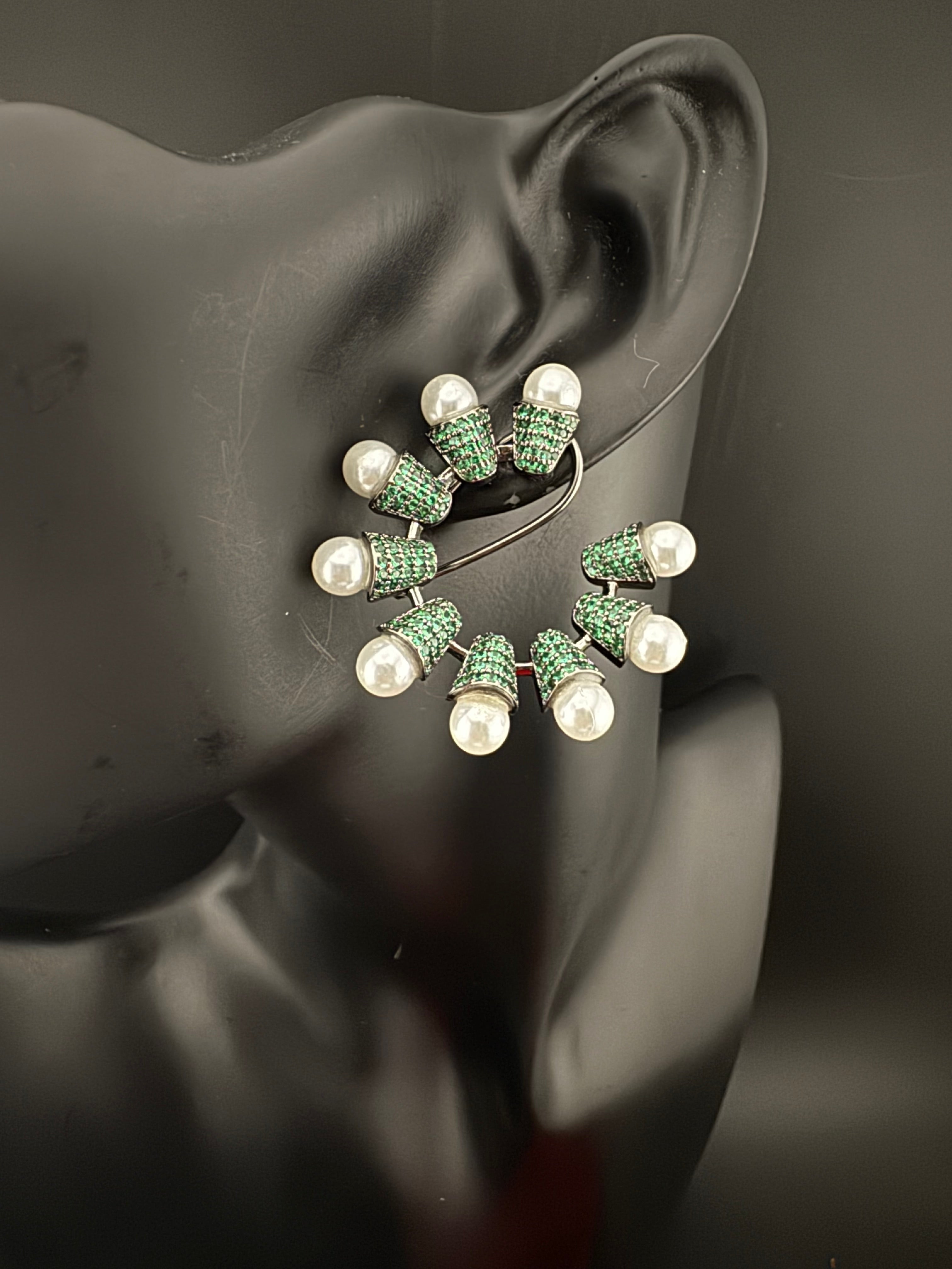 Premium Nano Setting Cubic Zirconia pearl Oversized Studs earrings in silver color is designer Inspired Statement earring/Bridal, Indian