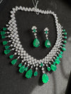 Green Doublet stone, Crystals and CZ Diamond all over Necklace Set, White Gold Plated