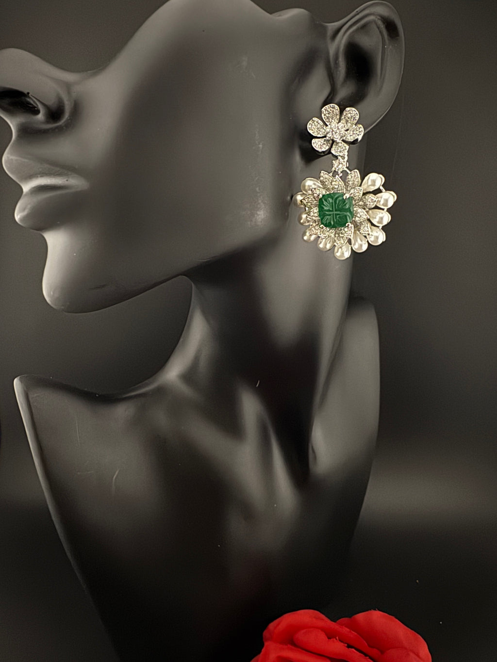 Premium Nano Setting Cubic Zirconia Carved Stone Pearls Drop earrings in unique 3D shape, stylish, Statement earring/Bridal Bridesmaid gift