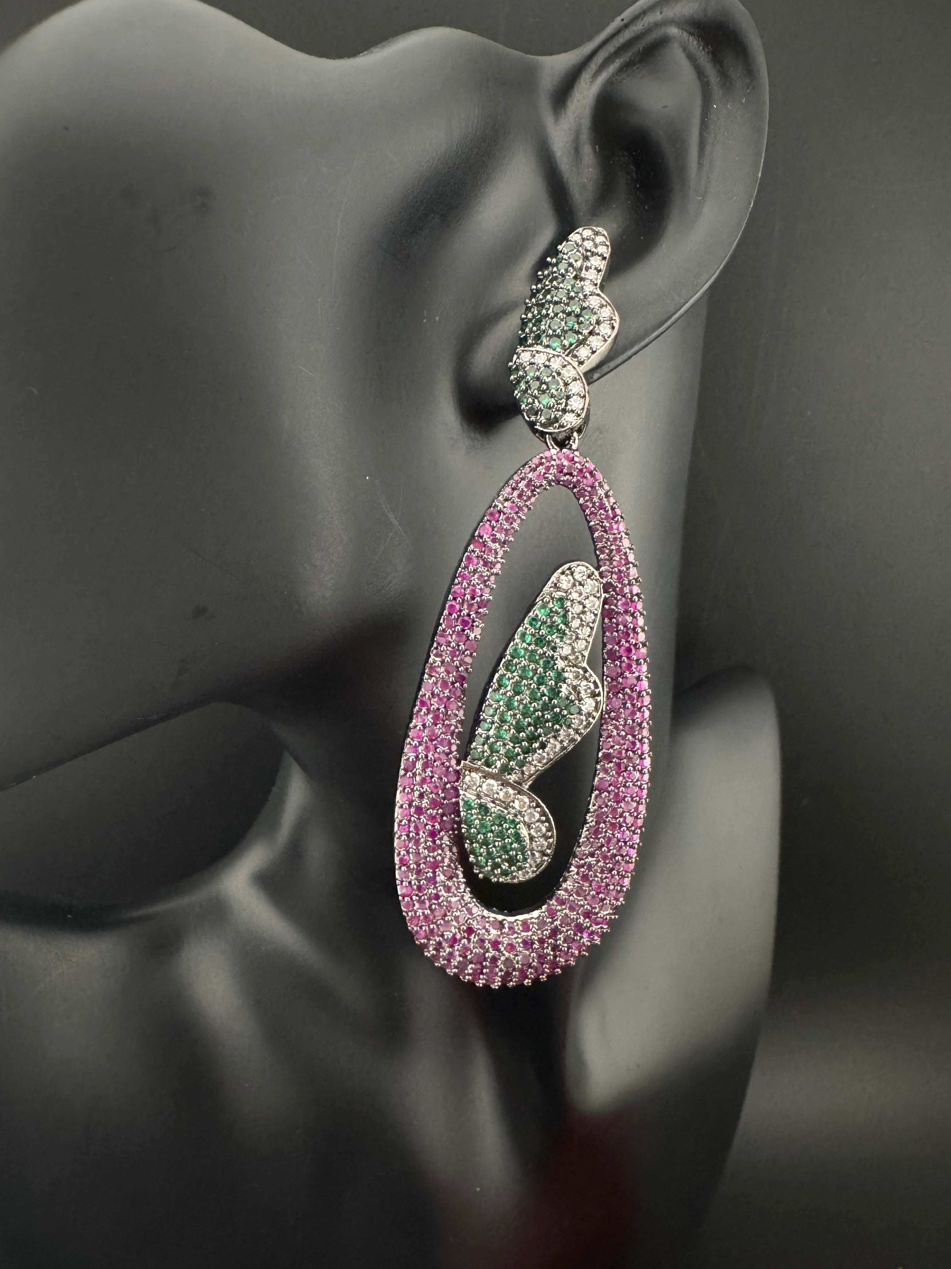 Premium Nano Setting Cubic Zirconia Victorian Long earrings in Butterfly Drop shape, designer Inspired Statement long drop dangle earrings