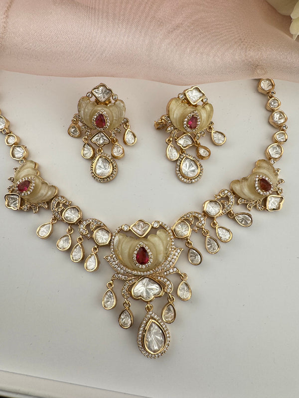 Kundan, Moissanite, MOP, CZ Flexible Gold necklace set, Indian Bridal Jewelry