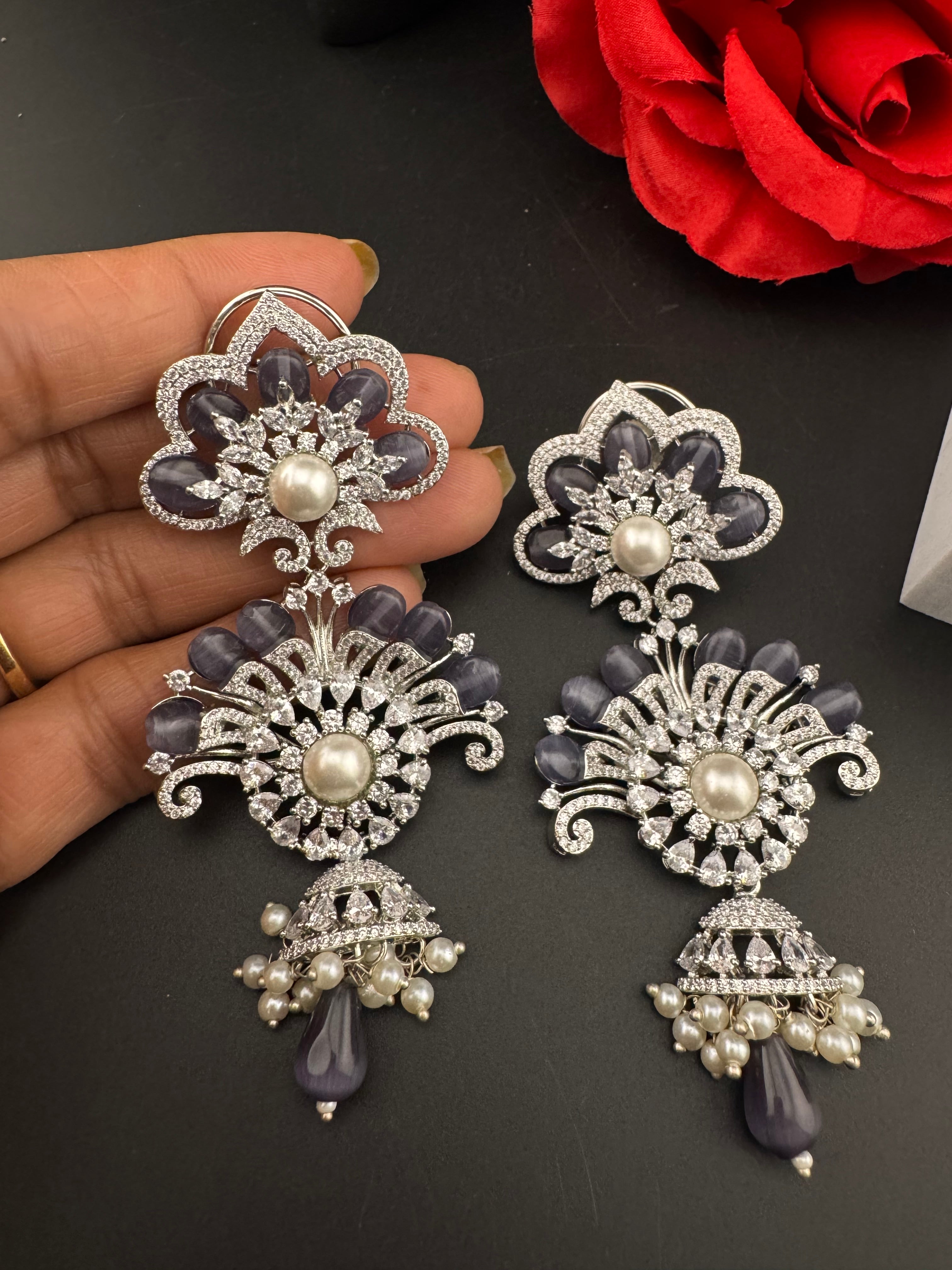 Premium Cubic Zirconia Pearl Chandelier Long earrings is designer Inspired, Statement Long Big earring, Bridal, Party, Wedding jewelry,